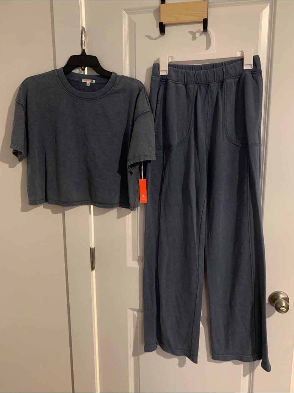 Sundry Blue French Terry 2 Piece Wide Leg Crop Tee Sweats Loungewear Set NWT